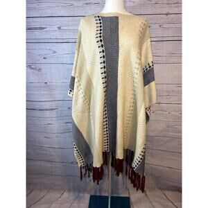 Baciano Boho Fringe Geometric Knit Poncho Sweater Shawl Size S Beige Navy Red